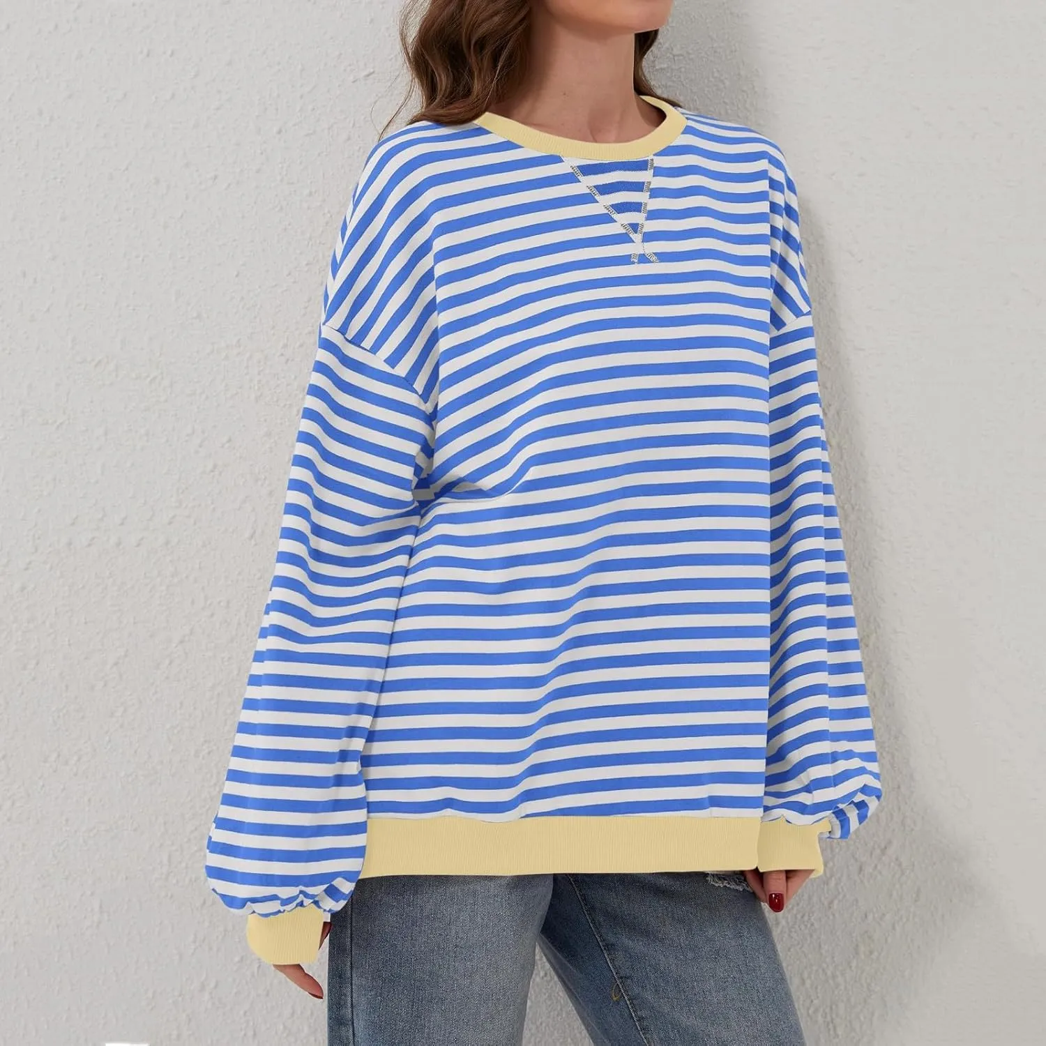 Women Free Crew Neck Sweatshirts Women Classic Striped Oversized Crewneck Long Sleeve Casual Sweatshirt Loose