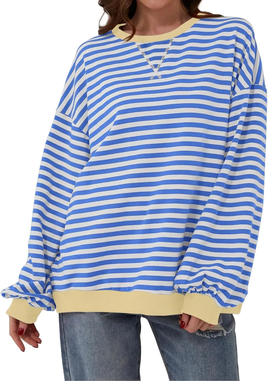 Women Free Crew Neck Sweatshirts Women Classic Striped Oversized Crewneck Long Sleeve Casual Sweatshirt Loose