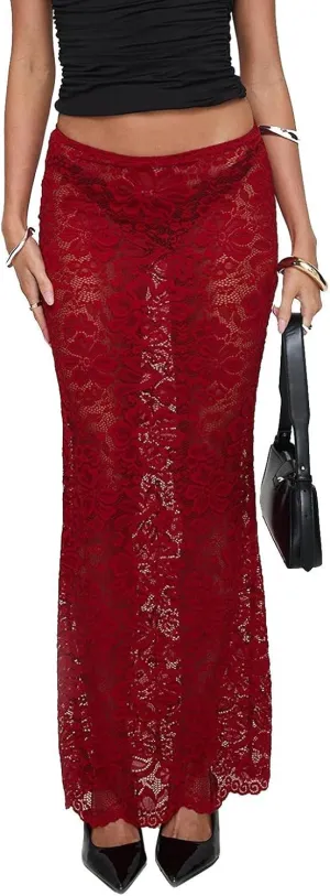 Women Sexy Lace Long Skirt Sheer Mesh Bodycon Maxi Skirts Elegant Summer Beach Coverups