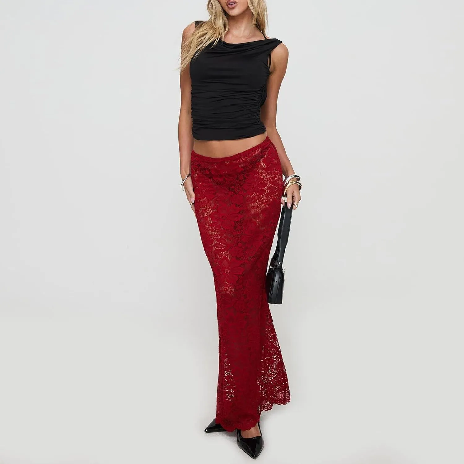 Women Sexy Lace Long Skirt Sheer Mesh Bodycon Maxi Skirts Elegant Summer Beach Coverups
