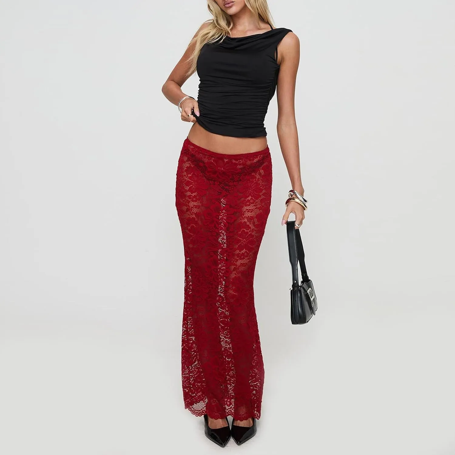 Women Sexy Lace Long Skirt Sheer Mesh Bodycon Maxi Skirts Elegant Summer Beach Coverups