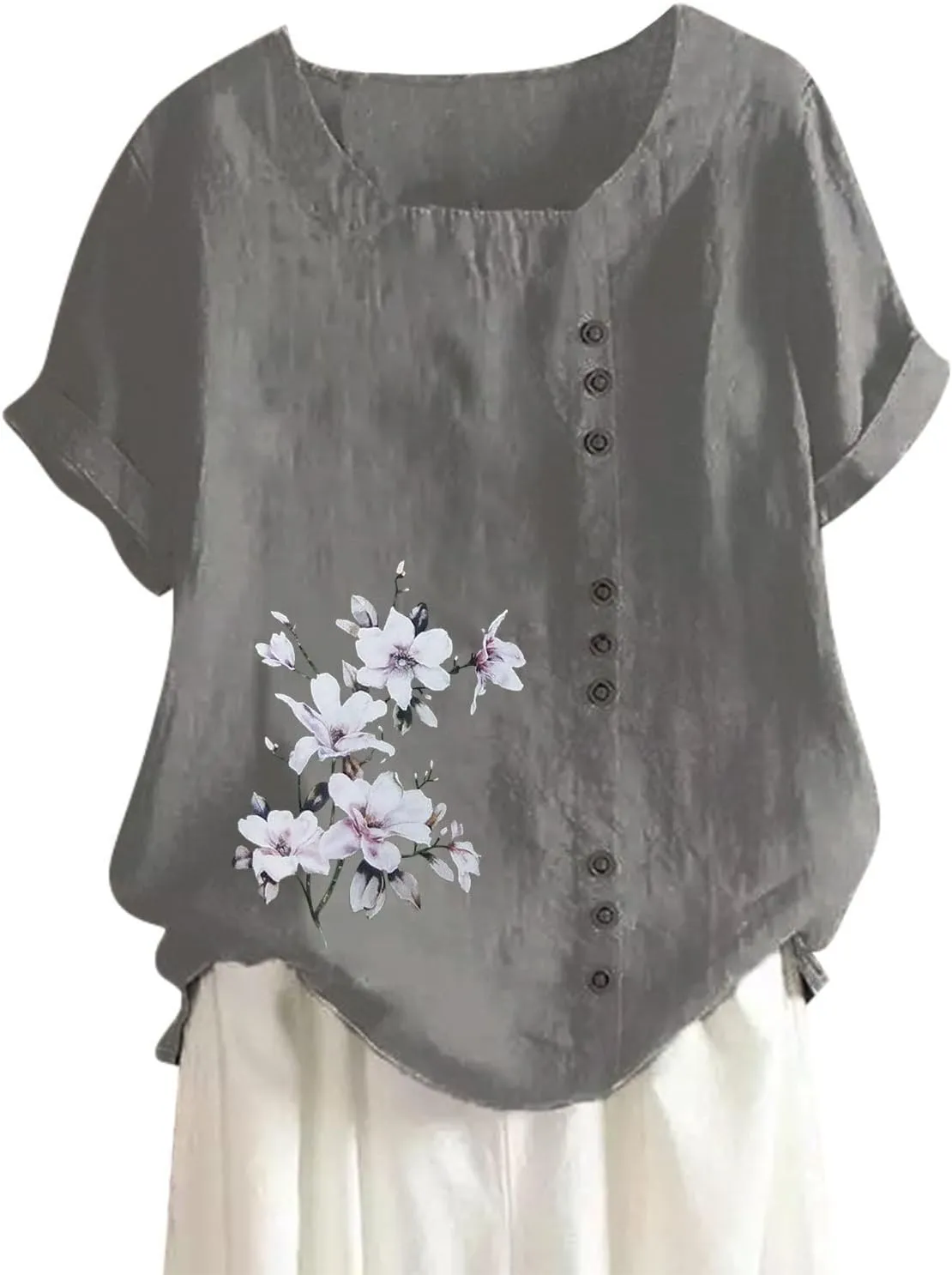 Women Short Sleeve Shirts Summer Linen Cotton Stand Button Shirts Minimalist Solid Loose Blouse Elegant Versatile Tops