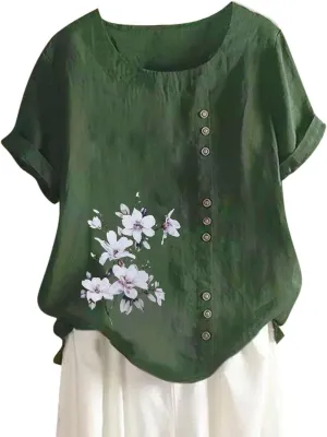 Women Short Sleeve Shirts Summer Linen Cotton Stand Button Shirts Minimalist Solid Loose Blouse Elegant Versatile Tops