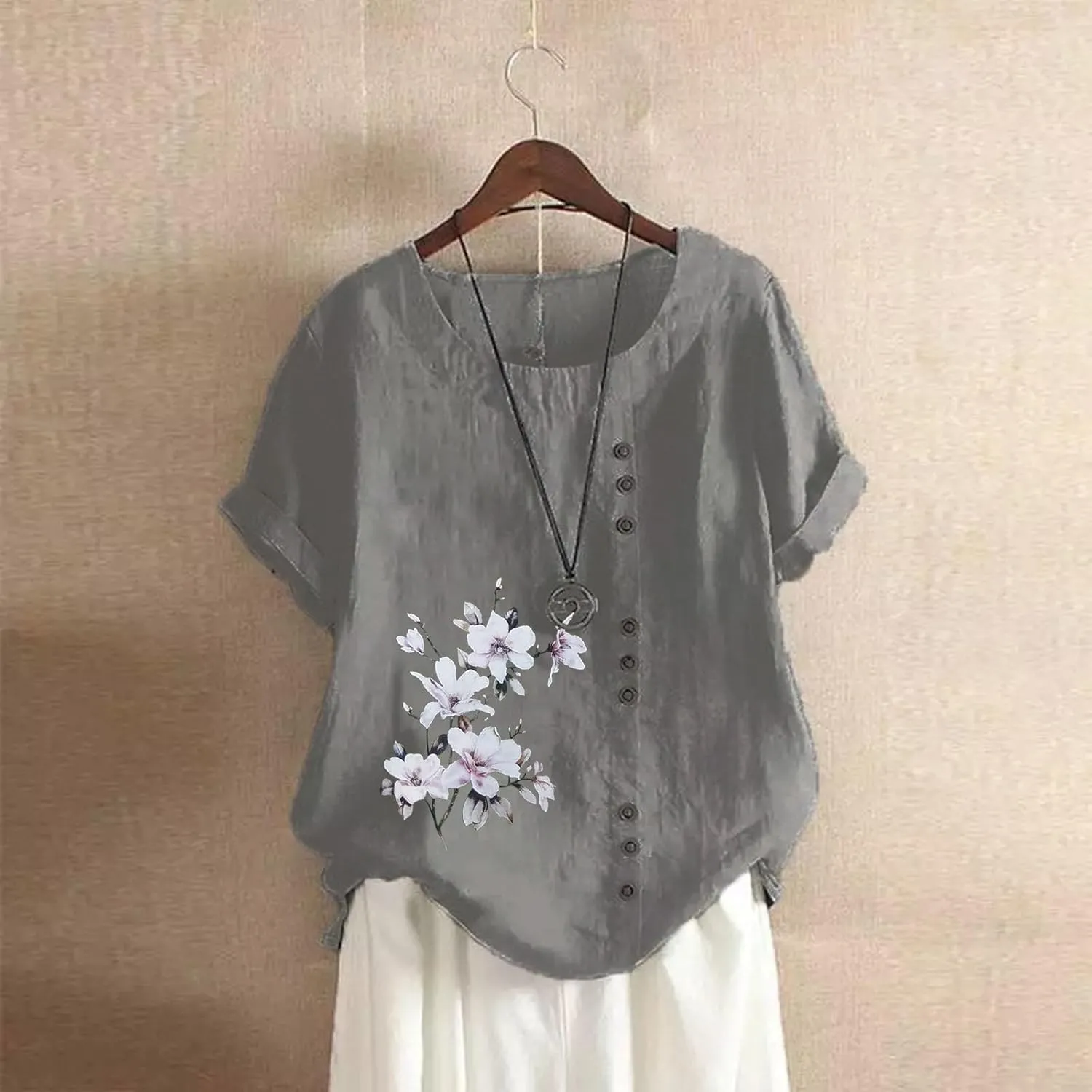 Women Short Sleeve Shirts Summer Linen Cotton Stand Button Shirts Minimalist Solid Loose Blouse Elegant Versatile Tops