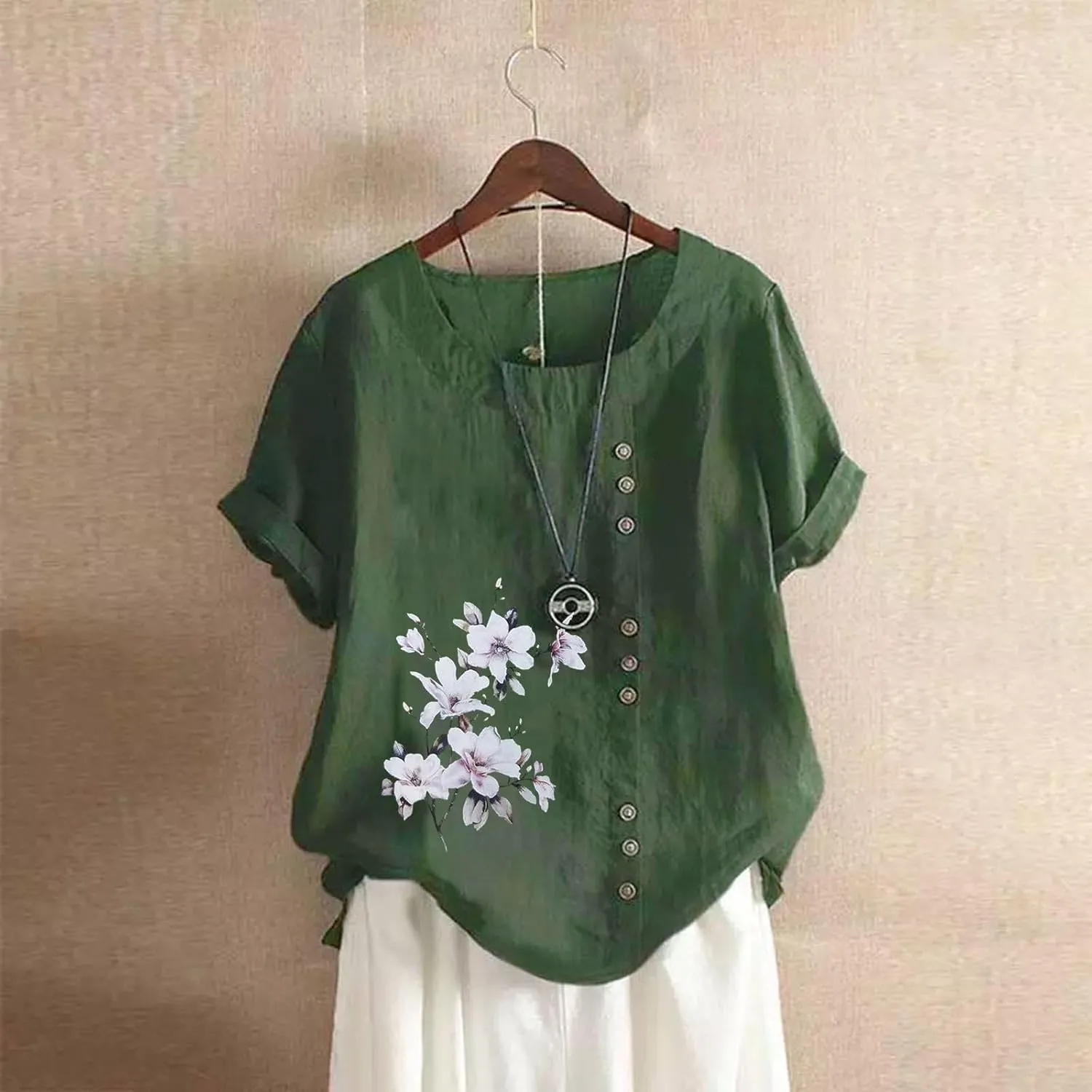 Women Short Sleeve Shirts Summer Linen Cotton Stand Button Shirts Minimalist Solid Loose Blouse Elegant Versatile Tops