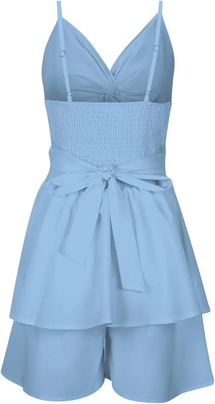 Women Summer Spaghetti Strap Dress Sexy Casual Double Layer Ruffle V Neck Cutout Dresses Beach Cocktail Party Mini Dresses