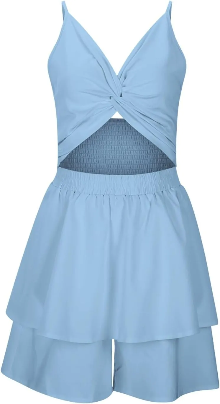 Women Summer Spaghetti Strap Dress Sexy Casual Double Layer Ruffle V Neck Cutout Dresses Beach Cocktail Party Mini Dresses