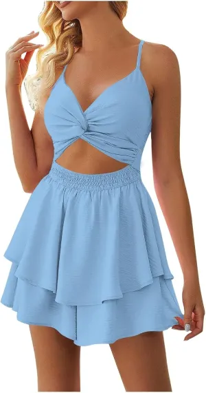 Women Summer Spaghetti Strap Dress Sexy Casual Double Layer Ruffle V Neck Cutout Dresses Beach Cocktail Party Mini Dresses