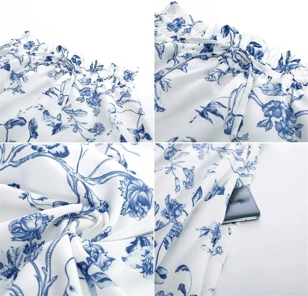Women Swing Skirt Floral Printed Summer Elegant Elastic Drawstring Waist A-Line Skirt Pleated A-Line Swing Midi Skirt