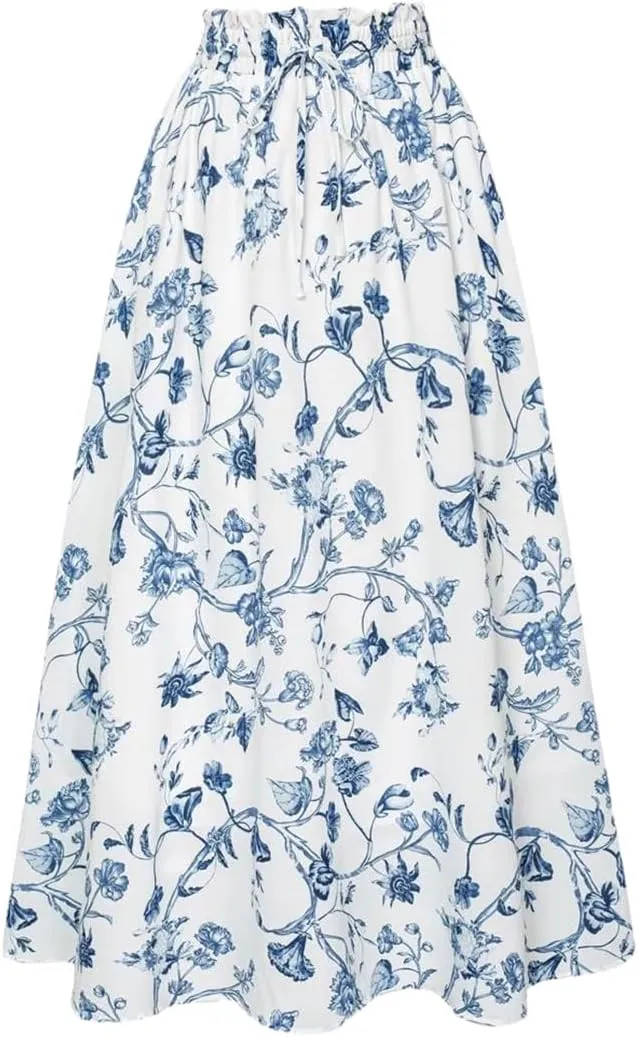 Women Swing Skirt Floral Printed Summer Elegant Elastic Drawstring Waist A-Line Skirt Pleated A-Line Swing Midi Skirt