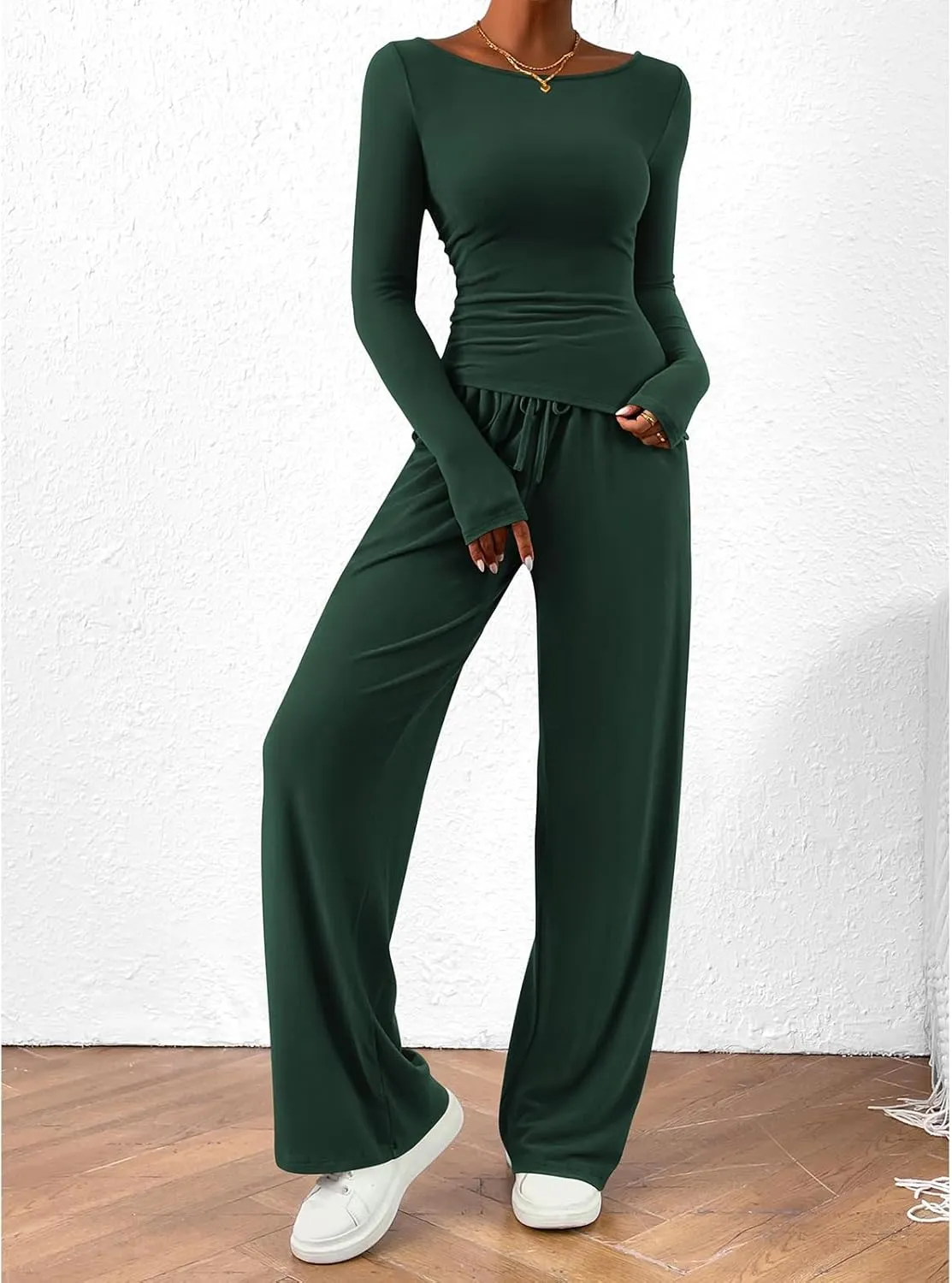 Women's 2 Piece Lounge Sets Asymmetrical Ruched Long Sleeve Top Wide Leg High Waisted Pants Casual Outfits Tracksuit