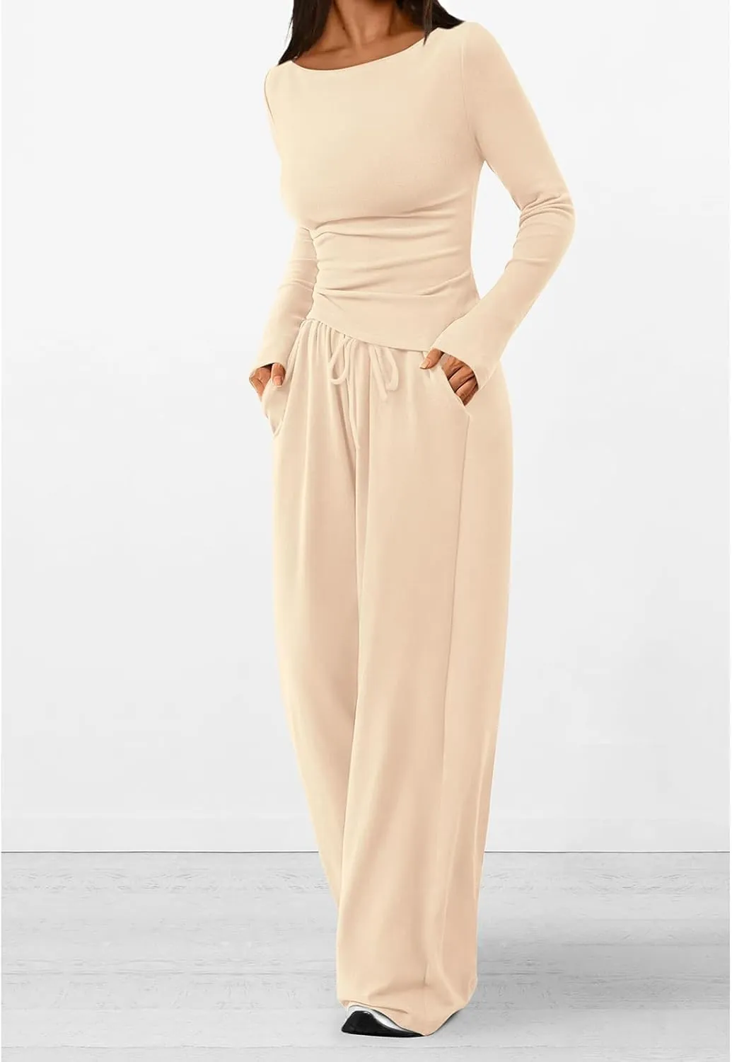 Women's 2 Piece Lounge Sets Asymmetrical Ruched Long Sleeve Top Wide Leg High Waisted Pants Casual Outfits Tracksuit