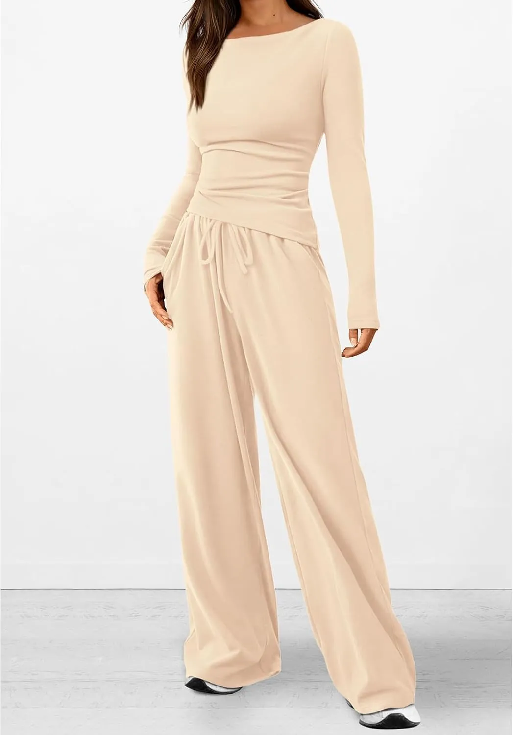 Women's 2 Piece Lounge Sets Asymmetrical Ruched Long Sleeve Top Wide Leg High Waisted Pants Casual Outfits Tracksuit