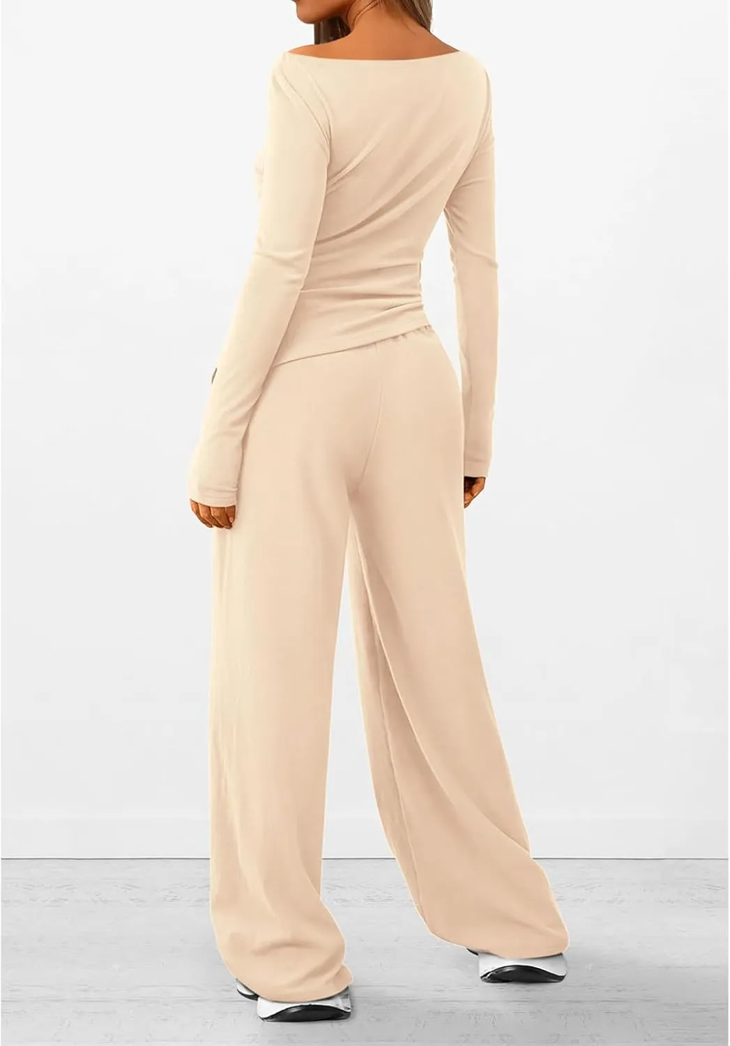 Women's 2 Piece Lounge Sets Asymmetrical Ruched Long Sleeve Top Wide Leg High Waisted Pants Casual Outfits Tracksuit