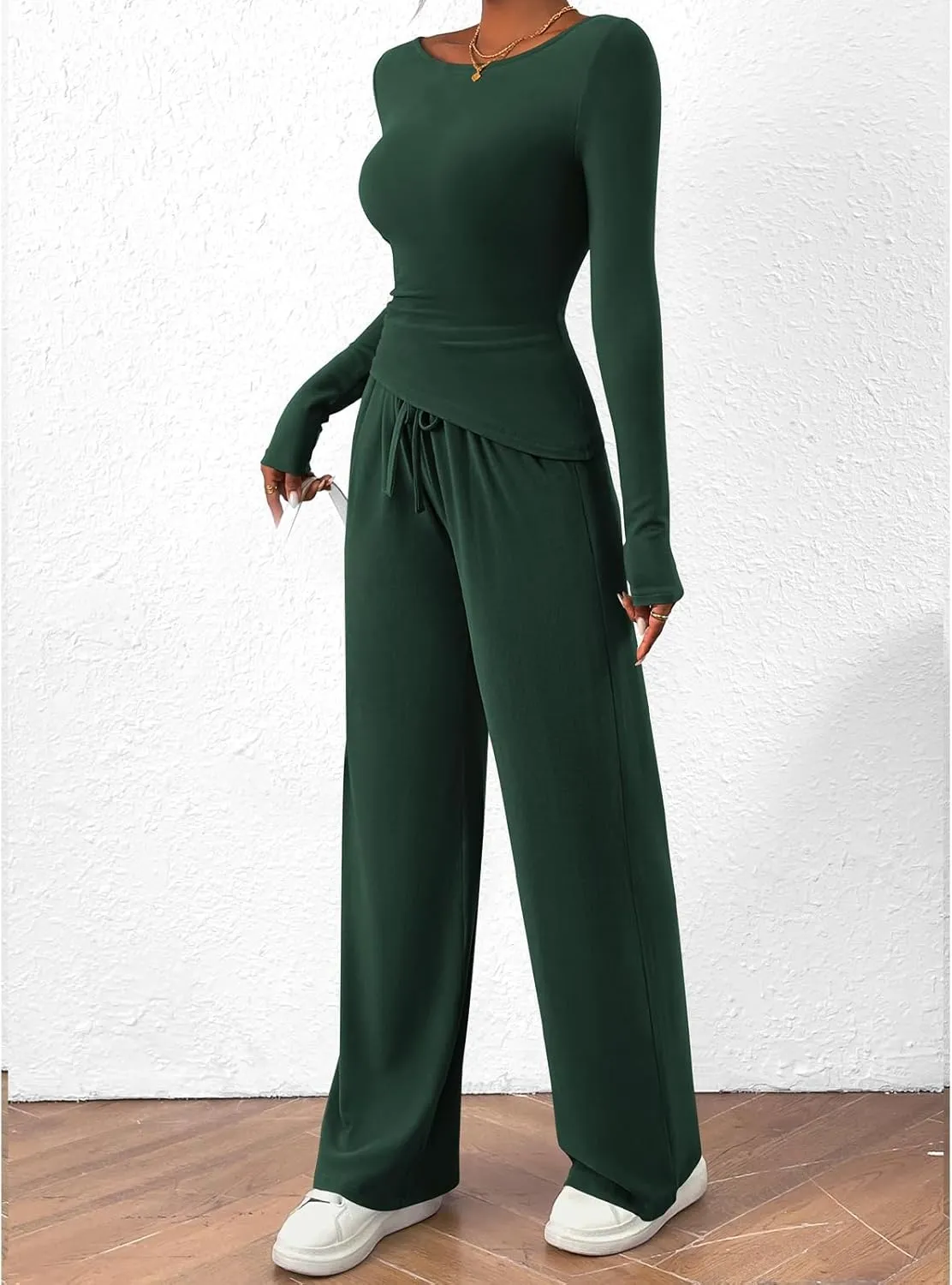 Women's 2 Piece Lounge Sets Asymmetrical Ruched Long Sleeve Top Wide Leg High Waisted Pants Casual Outfits Tracksuit