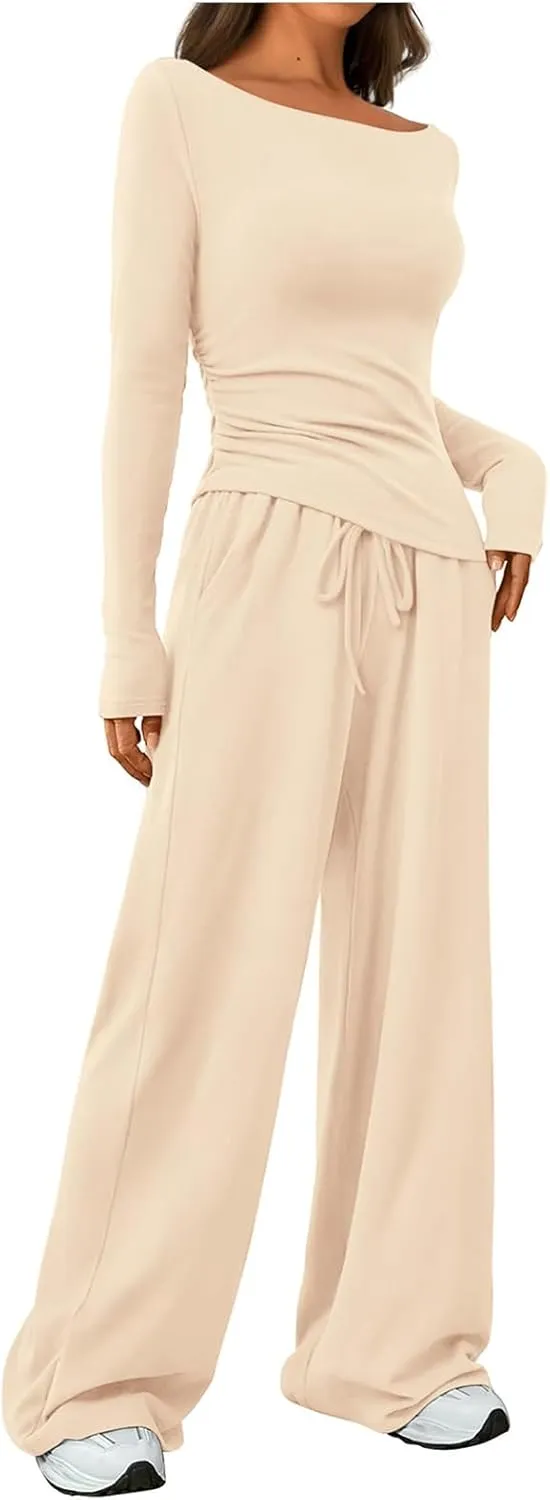 Women's 2 Piece Lounge Sets Asymmetrical Ruched Long Sleeve Top Wide Leg High Waisted Pants Casual Outfits Tracksuit