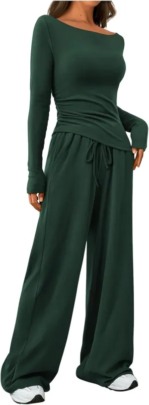 Women's 2 Piece Lounge Sets Asymmetrical Ruched Long Sleeve Top Wide Leg High Waisted Pants Casual Outfits Tracksuit