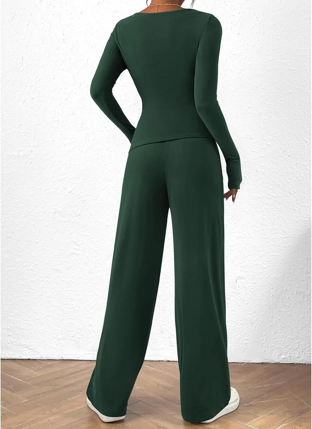 Women's 2 Piece Lounge Sets Asymmetrical Ruched Long Sleeve Top Wide Leg High Waisted Pants Casual Outfits Tracksuit