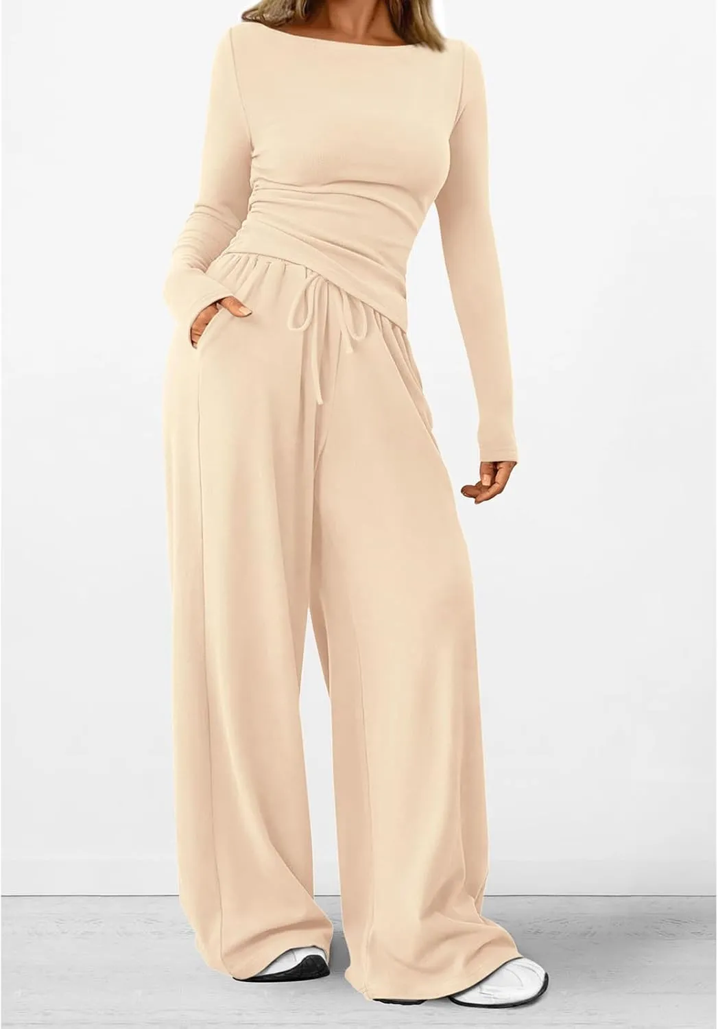 Women's 2 Piece Lounge Sets Asymmetrical Ruched Long Sleeve Top Wide Leg High Waisted Pants Casual Outfits Tracksuit