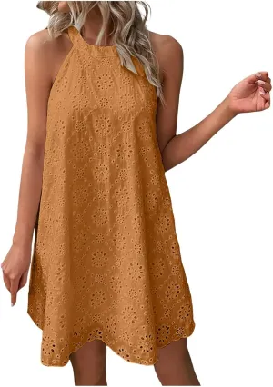 Womens 2024 Summer Dress Fashion Floral High Round Neck Smocked Boho Dress Casual Ruffle Beach Summer Mini Dress A-orange, Large