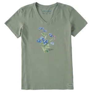 Women's Antique Blue Flowers Short Sleeve Crusher Vee