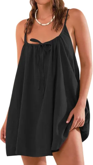 Womens Beach Cover Ups Swimwear Summer Casual Mini Dress Spaghetti Strap Backless Linen Sundresses with Pockets