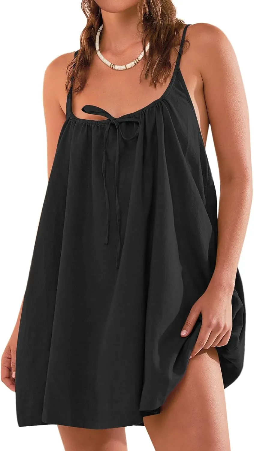 Womens Beach Cover Ups Swimwear Summer Casual Mini Dress Spaghetti Strap Backless Linen Sundresses with Pockets