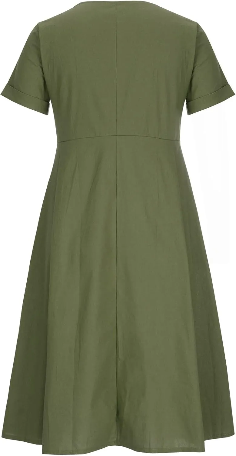 Women's Button Down Shirts Dress Summer Cotton Linen Dresses Casual Elegant Formal Work Short Sleeve Loose Midi Dress