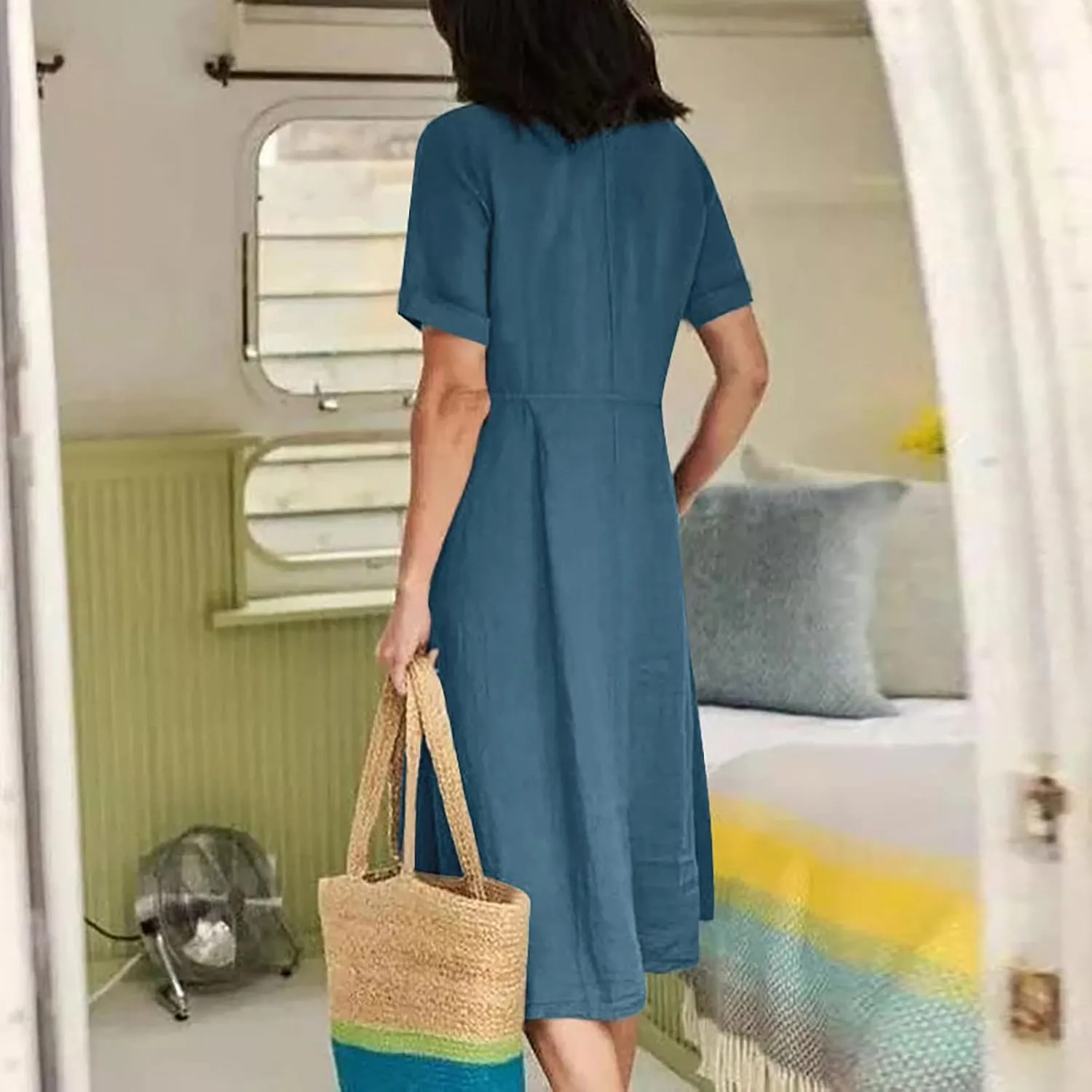 Women's Button Down Shirts Dress Summer Cotton Linen Dresses Casual Elegant Formal Work Short Sleeve Loose Midi Dress