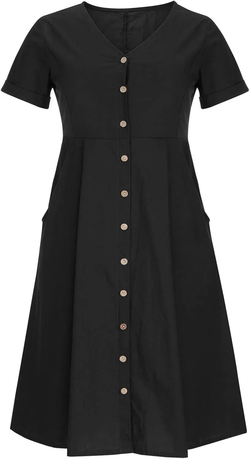 Women's Button Down Shirts Dress Summer Cotton Linen Dresses Casual Elegant Formal Work Short Sleeve Loose Midi Dress