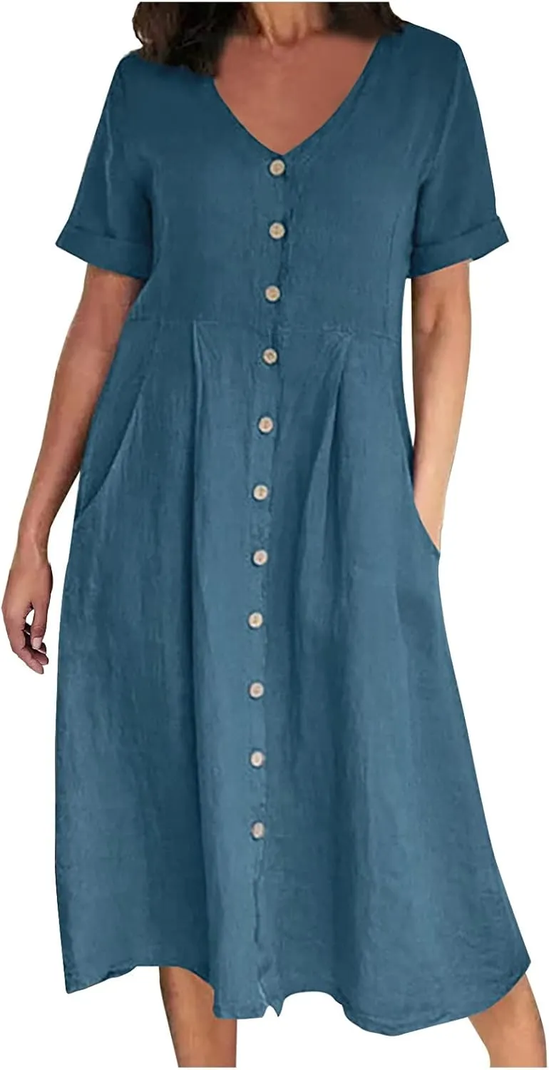 Women's Button Down Shirts Dress Summer Cotton Linen Dresses Casual Elegant Formal Work Short Sleeve Loose Midi Dress