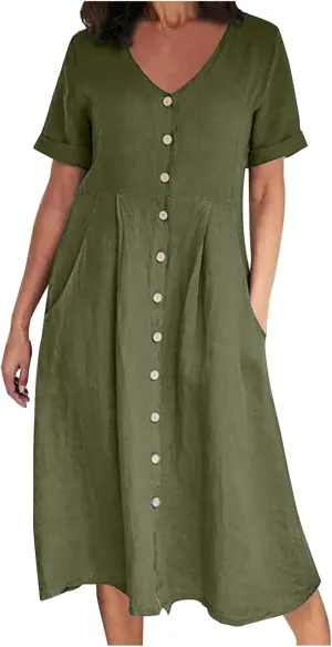Women's Button Down Shirts Dress Summer Cotton Linen Dresses Casual Elegant Formal Work Short Sleeve Loose Midi Dress