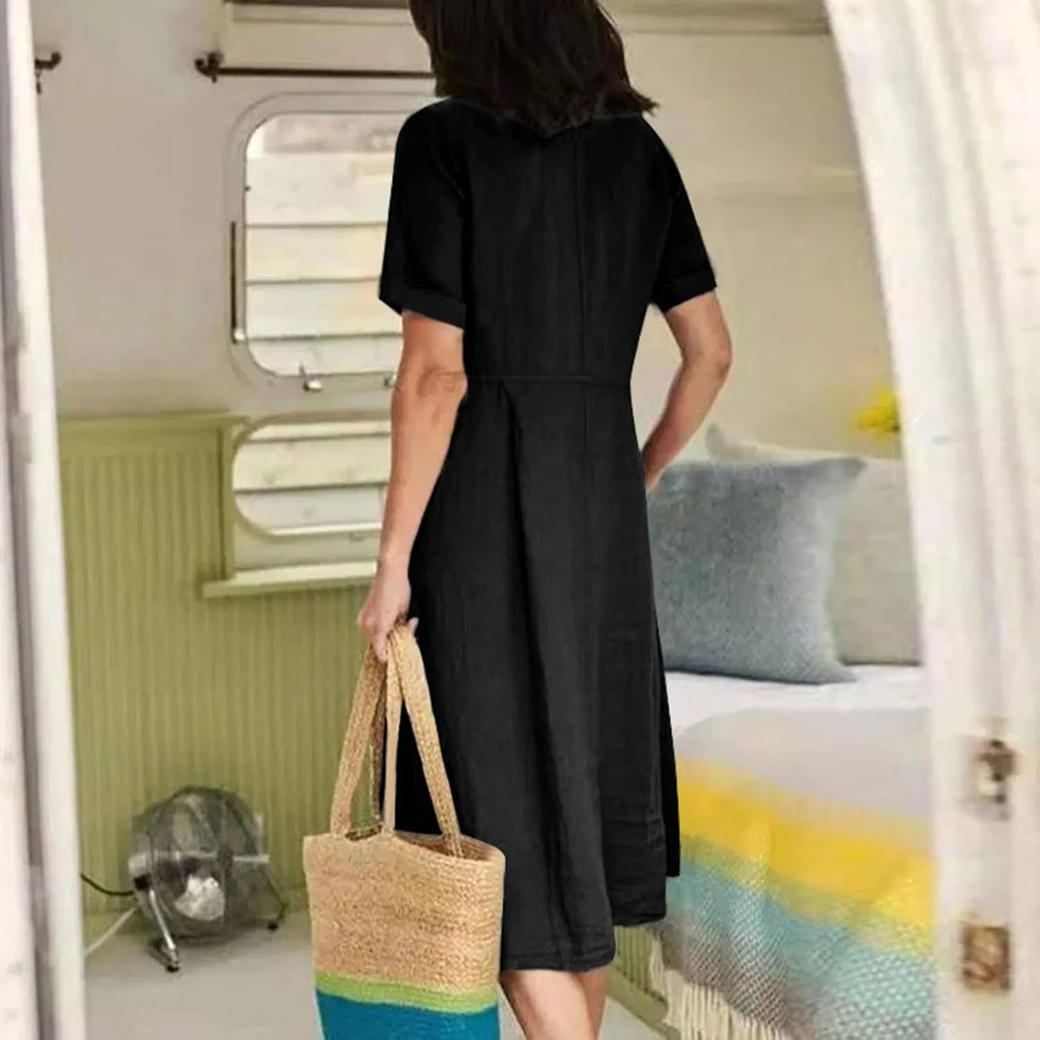Women's Button Down Shirts Dress Summer Cotton Linen Dresses Casual Elegant Formal Work Short Sleeve Loose Midi Dress