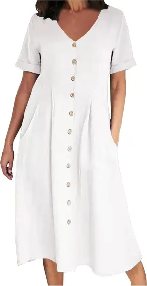 Women's Button Down Shirts Dress Summer Cotton Linen Dresses Casual Elegant Formal Work Short Sleeve Loose Midi Dress