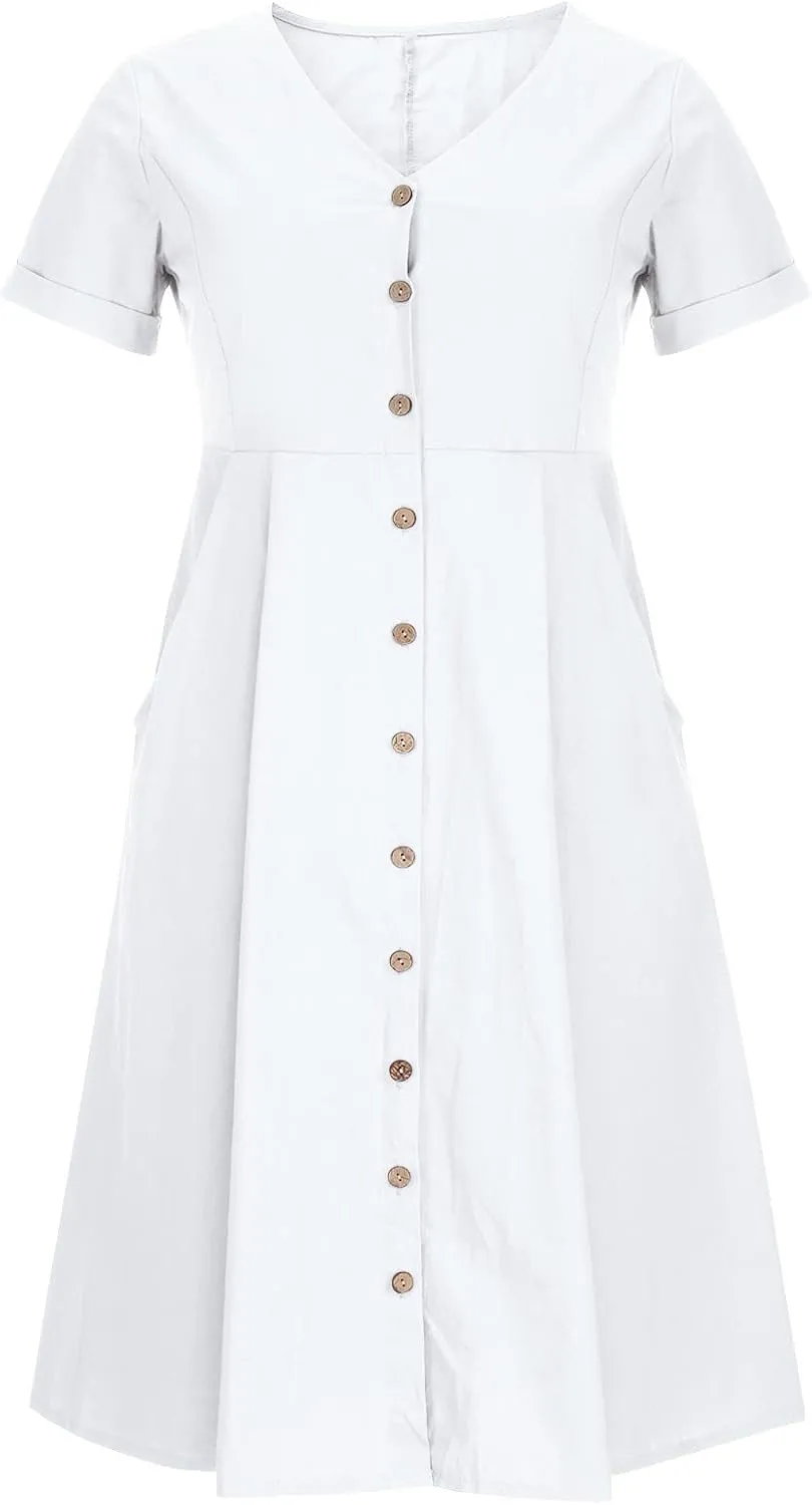 Women's Button Down Shirts Dress Summer Cotton Linen Dresses Casual Elegant Formal Work Short Sleeve Loose Midi Dress