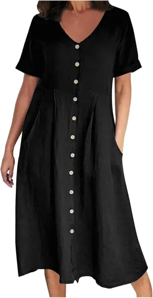 Women's Button Down Shirts Dress Summer Cotton Linen Dresses Casual Elegant Formal Work Short Sleeve Loose Midi Dress
