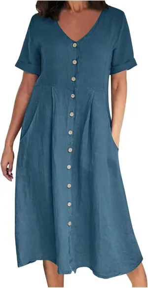 Women's Button Down Shirts Dress Summer Cotton Linen Dresses Casual Elegant Formal Work Short Sleeve Loose Midi Dress