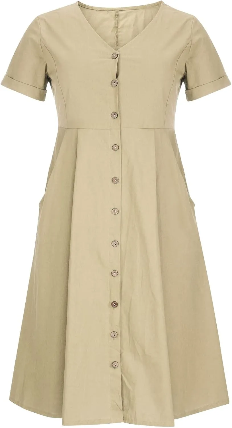 Women's Button Down Shirts Dress Summer Cotton Linen Dresses Casual Elegant Formal Work Short Sleeve Loose Midi Dress