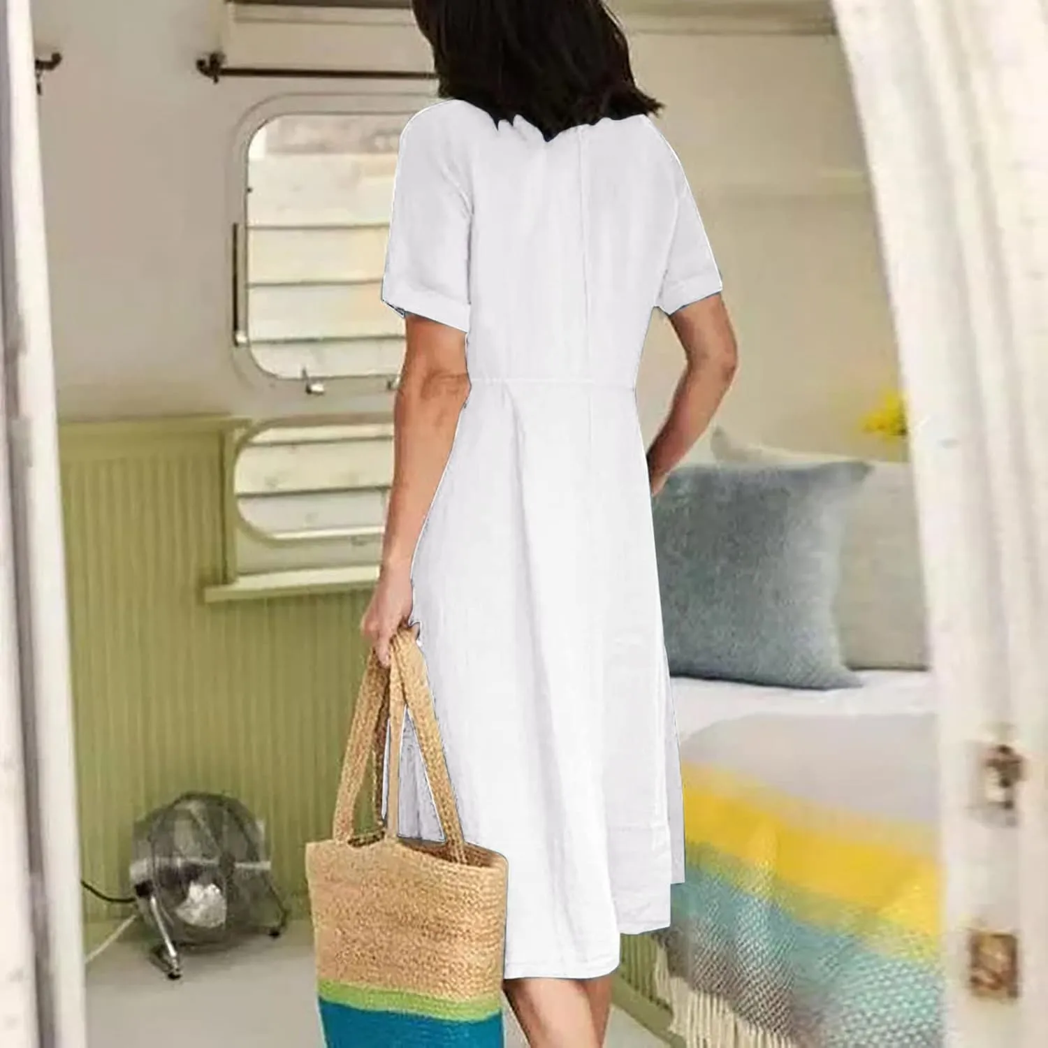 Women's Button Down Shirts Dress Summer Cotton Linen Dresses Casual Elegant Formal Work Short Sleeve Loose Midi Dress