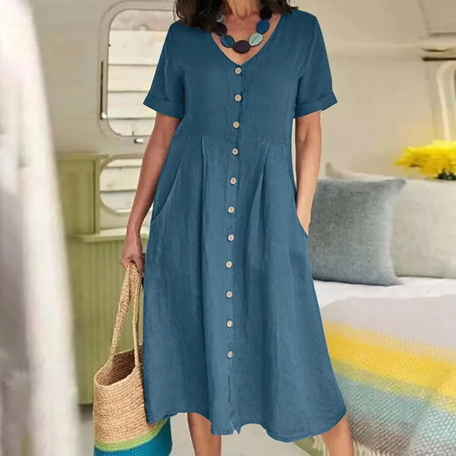 Women's Button Down Shirts Dress Summer Cotton Linen Dresses Casual Elegant Formal Work Short Sleeve Loose Midi Dress