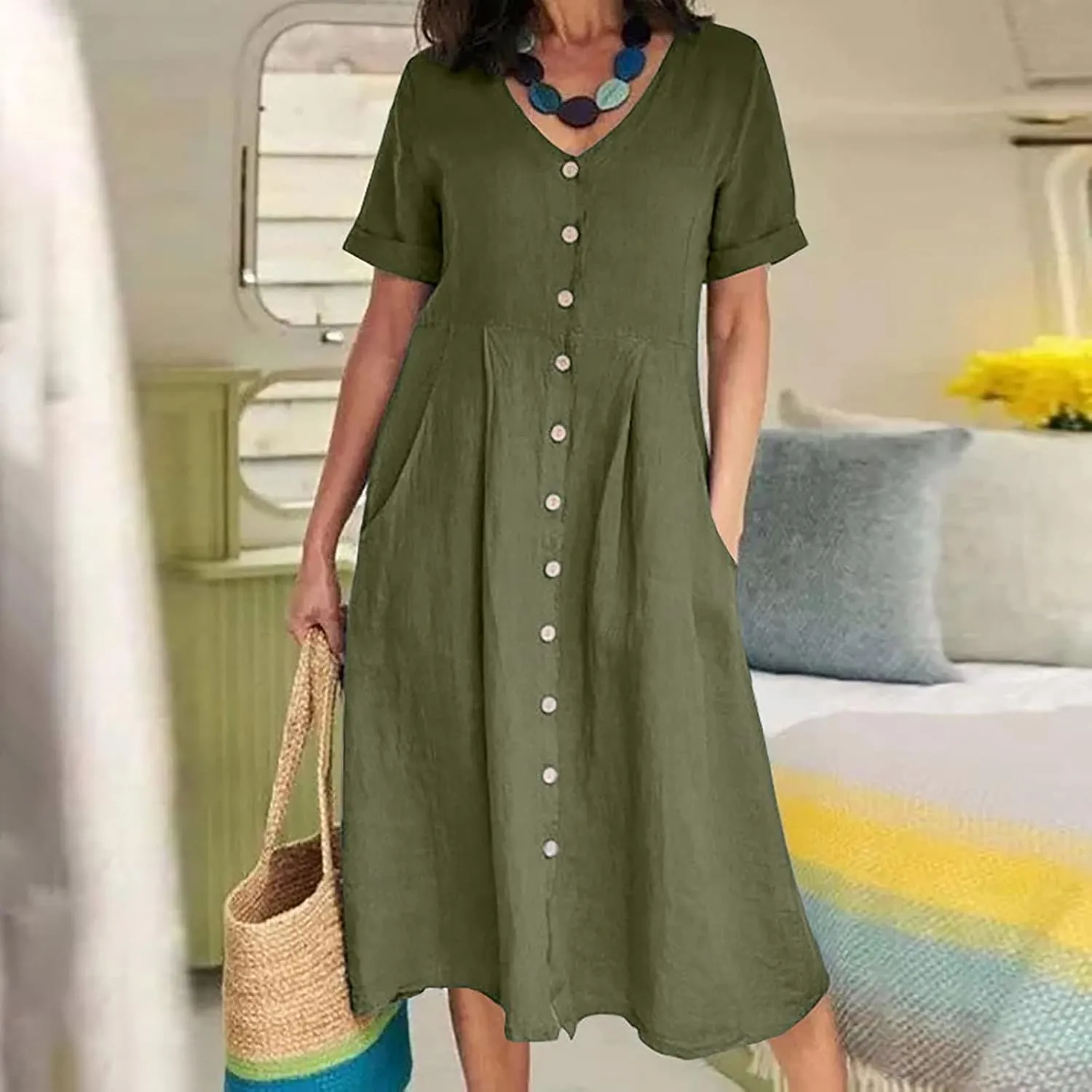 Women's Button Down Shirts Dress Summer Cotton Linen Dresses Casual Elegant Formal Work Short Sleeve Loose Midi Dress