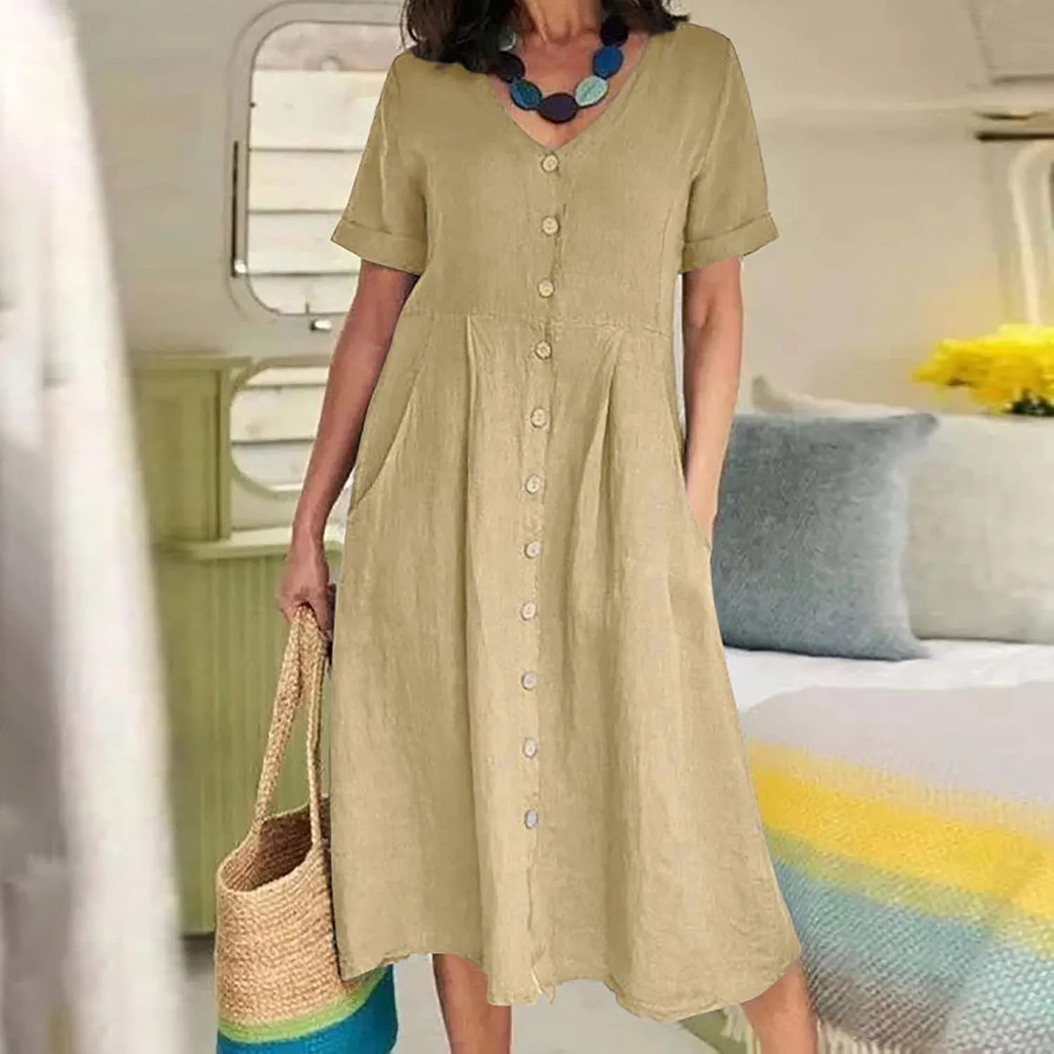Women's Button Down Shirts Dress Summer Cotton Linen Dresses Casual Elegant Formal Work Short Sleeve Loose Midi Dress