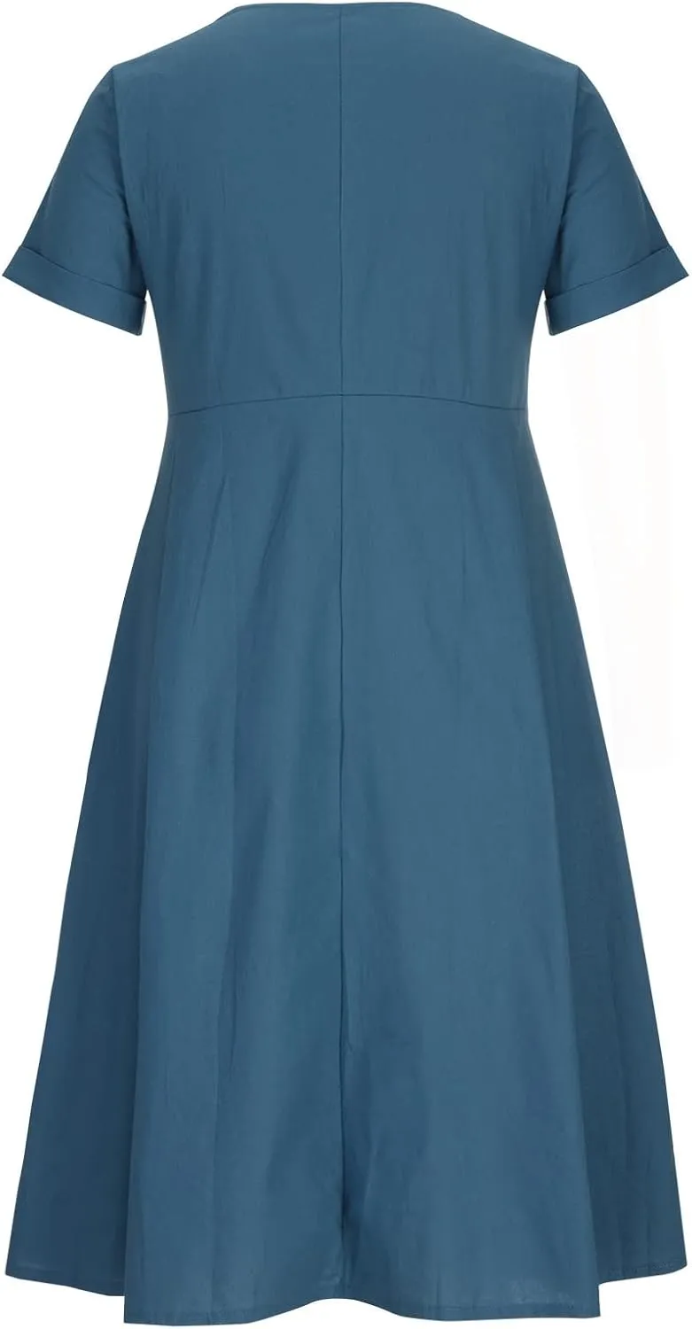 Women's Button Down Shirts Dress Summer Cotton Linen Dresses Casual Elegant Formal Work Short Sleeve Loose Midi Dress
