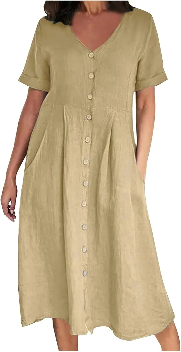 Women's Button Down Shirts Dress Summer Cotton Linen Dresses Casual Elegant Formal Work Short Sleeve Loose Midi Dress