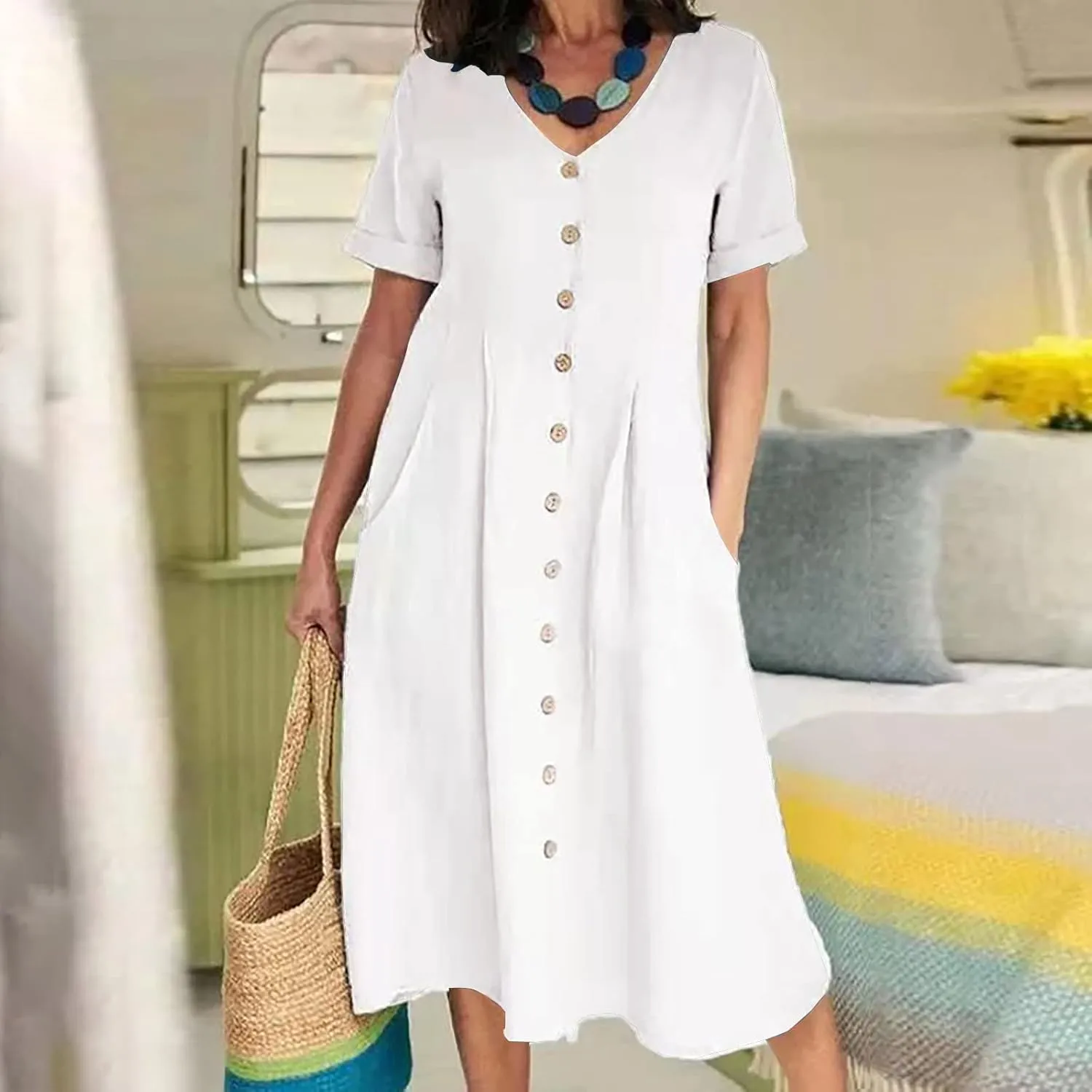 Women's Button Down Shirts Dress Summer Cotton Linen Dresses Casual Elegant Formal Work Short Sleeve Loose Midi Dress