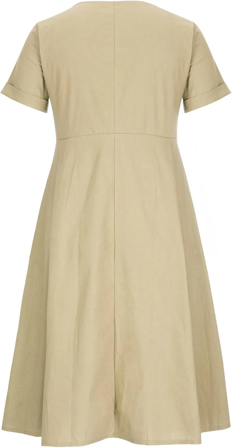 Women's Button Down Shirts Dress Summer Cotton Linen Dresses Casual Elegant Formal Work Short Sleeve Loose Midi Dress