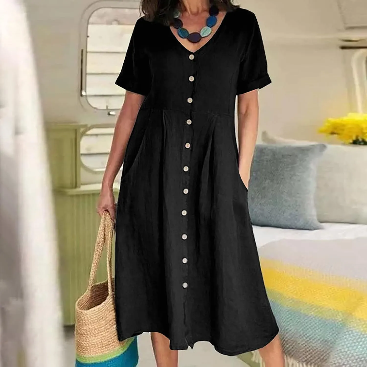 Women's Button Down Shirts Dress Summer Cotton Linen Dresses Casual Elegant Formal Work Short Sleeve Loose Midi Dress