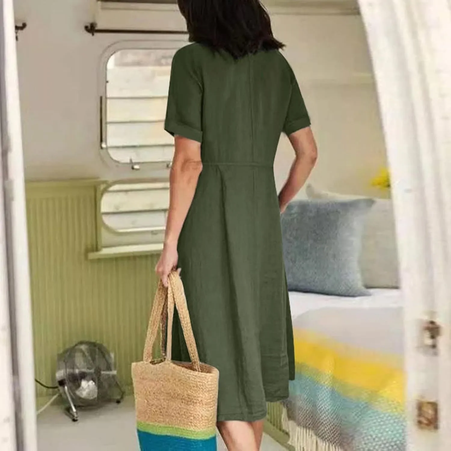 Women's Button Down Shirts Dress Summer Cotton Linen Dresses Casual Elegant Formal Work Short Sleeve Loose Midi Dress