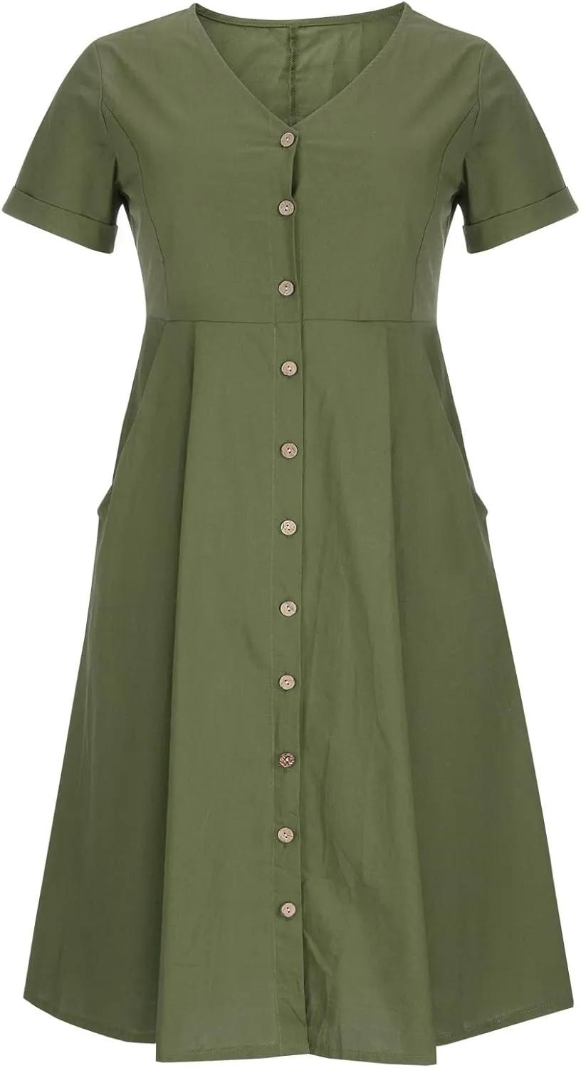 Women's Button Down Shirts Dress Summer Cotton Linen Dresses Casual Elegant Formal Work Short Sleeve Loose Midi Dress