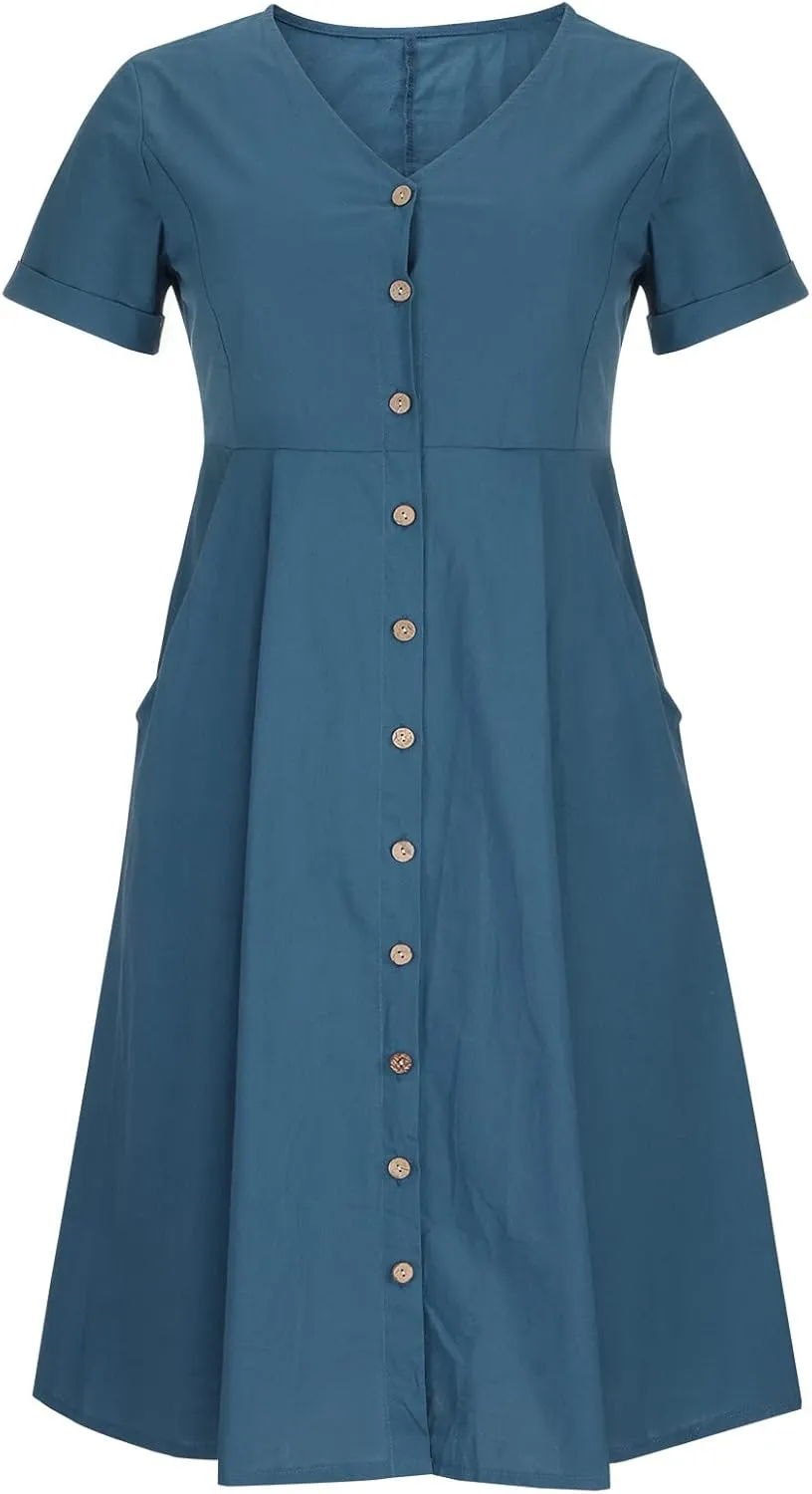 Women's Button Down Shirts Dress Summer Cotton Linen Dresses Casual Elegant Formal Work Short Sleeve Loose Midi Dress